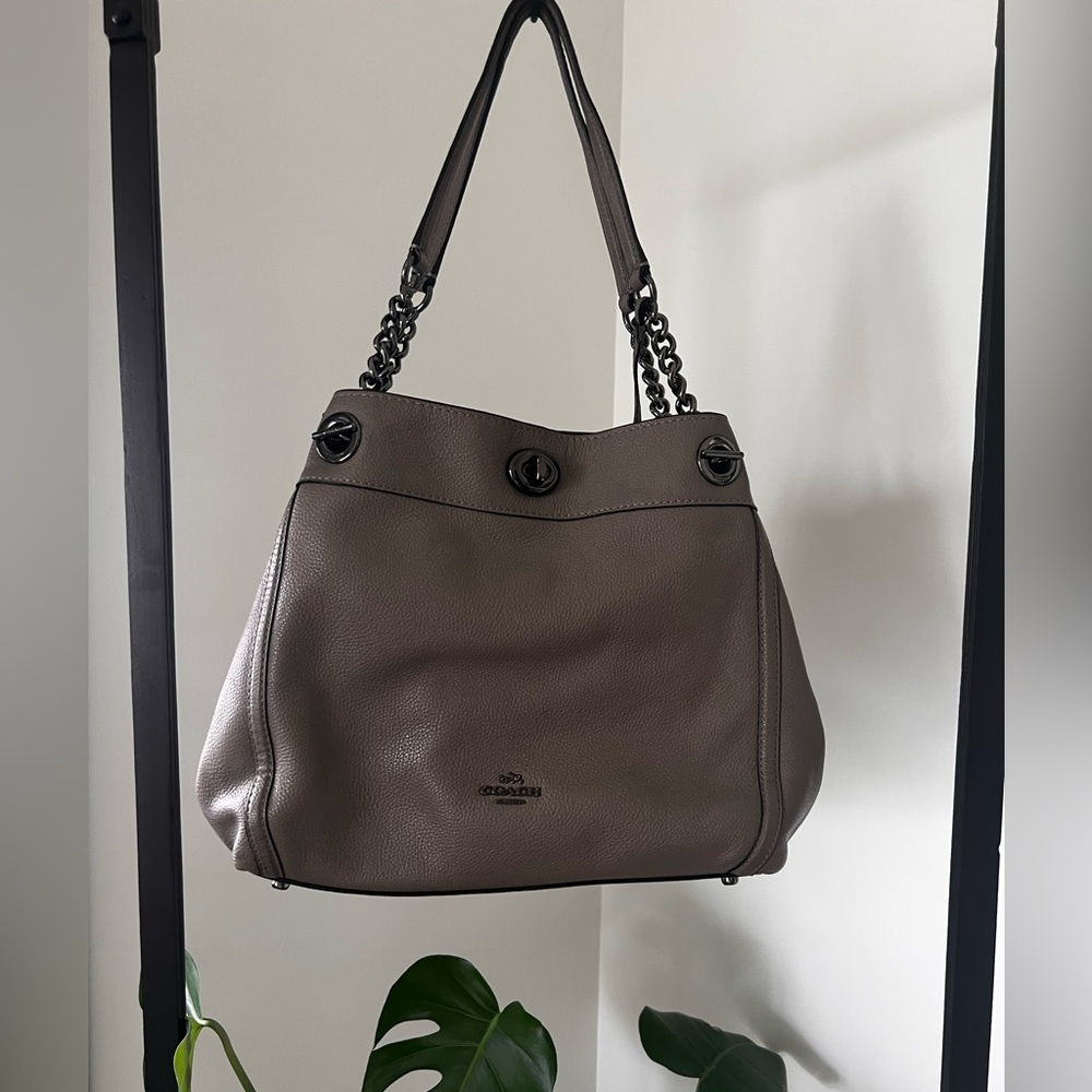 Coach Taupe Pebbled Leather Chain-Accent Shoulder Bag